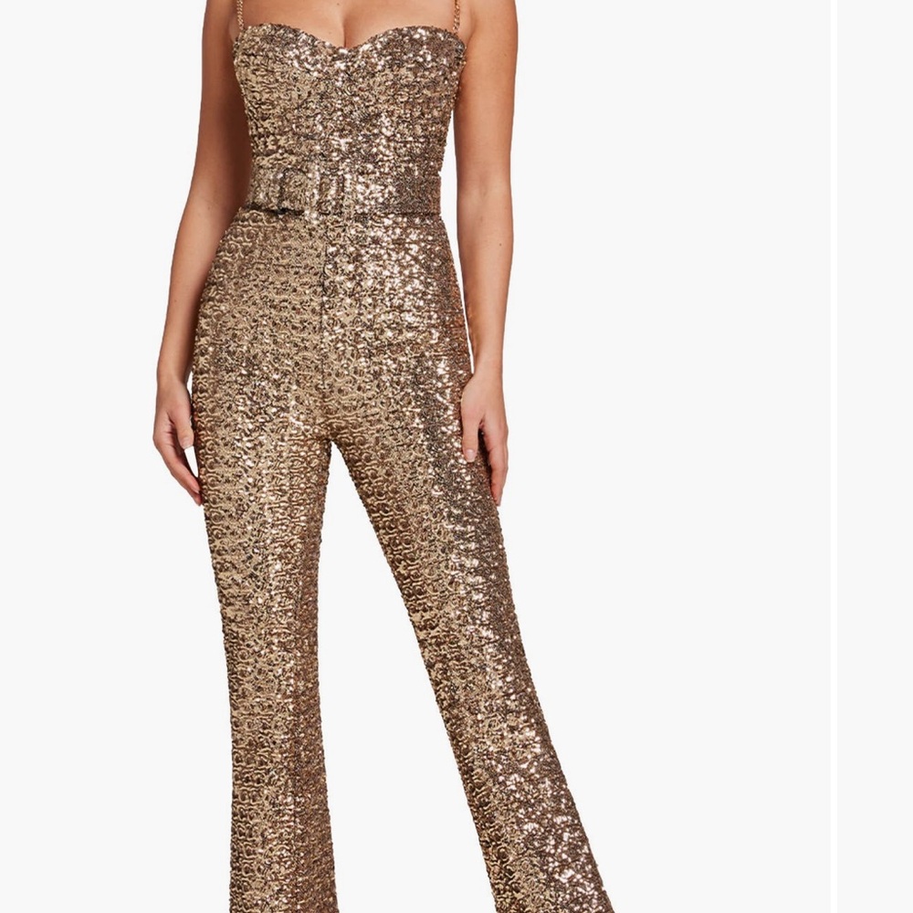 NADINE MERABI Gold Sequin Strapless Jumpsuit
